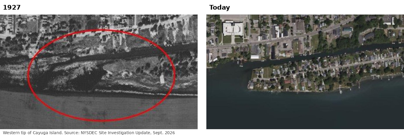 Cayuga Island west end in 1927 compared with today, showing land created with fill.