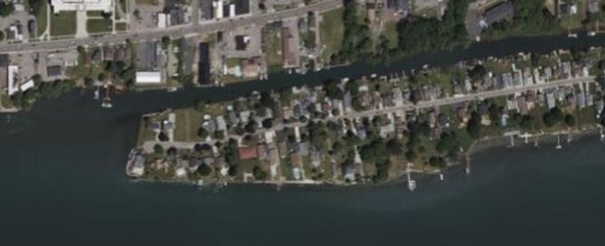 Aerial view of the western end of Cayuga Island, Niagara Falls, NY.